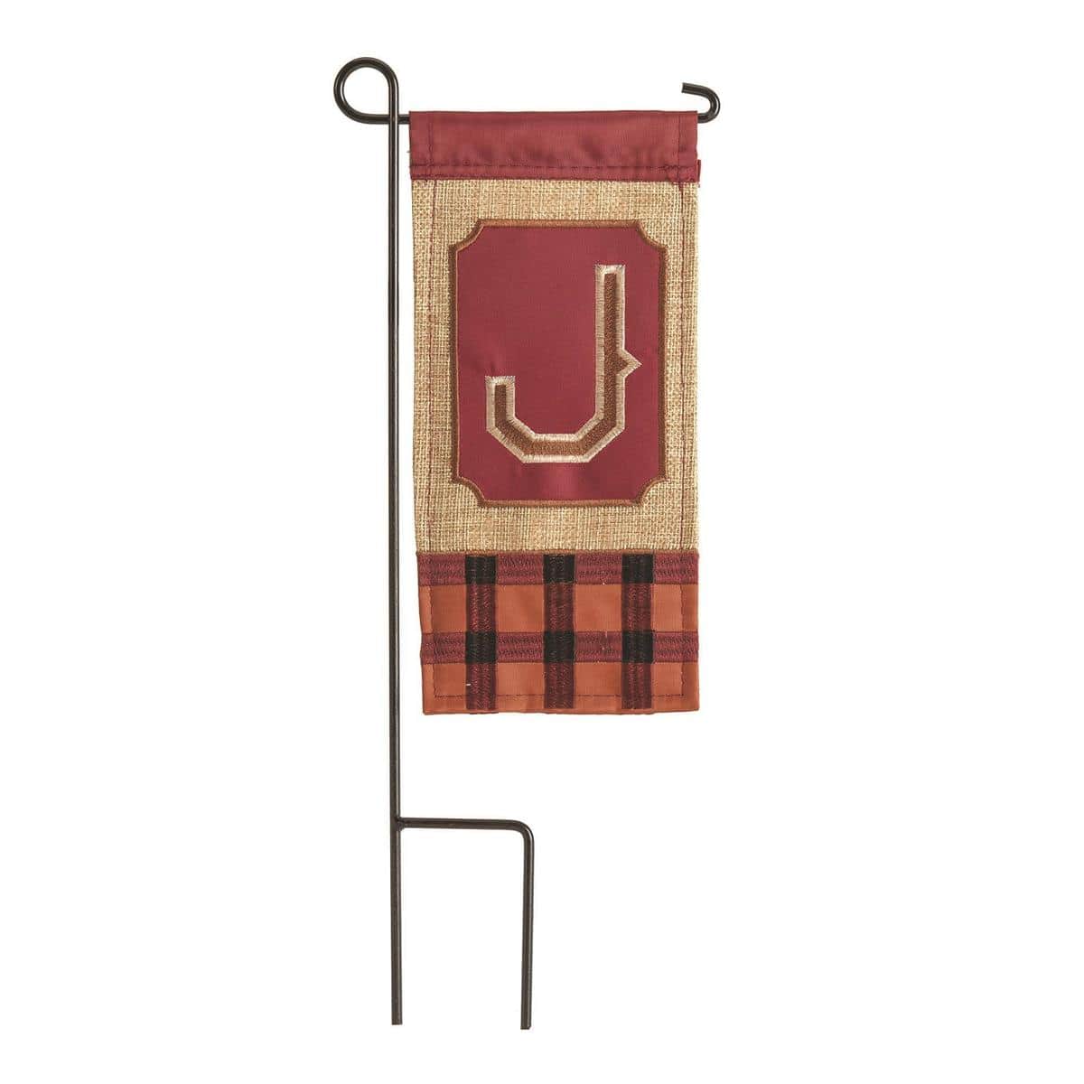 Mini 4x8 burlap monogram J fall flag with rustic texture and warm tones for small stands, wreaths, planters, tiered trays, and cozy entryway or mantel displays