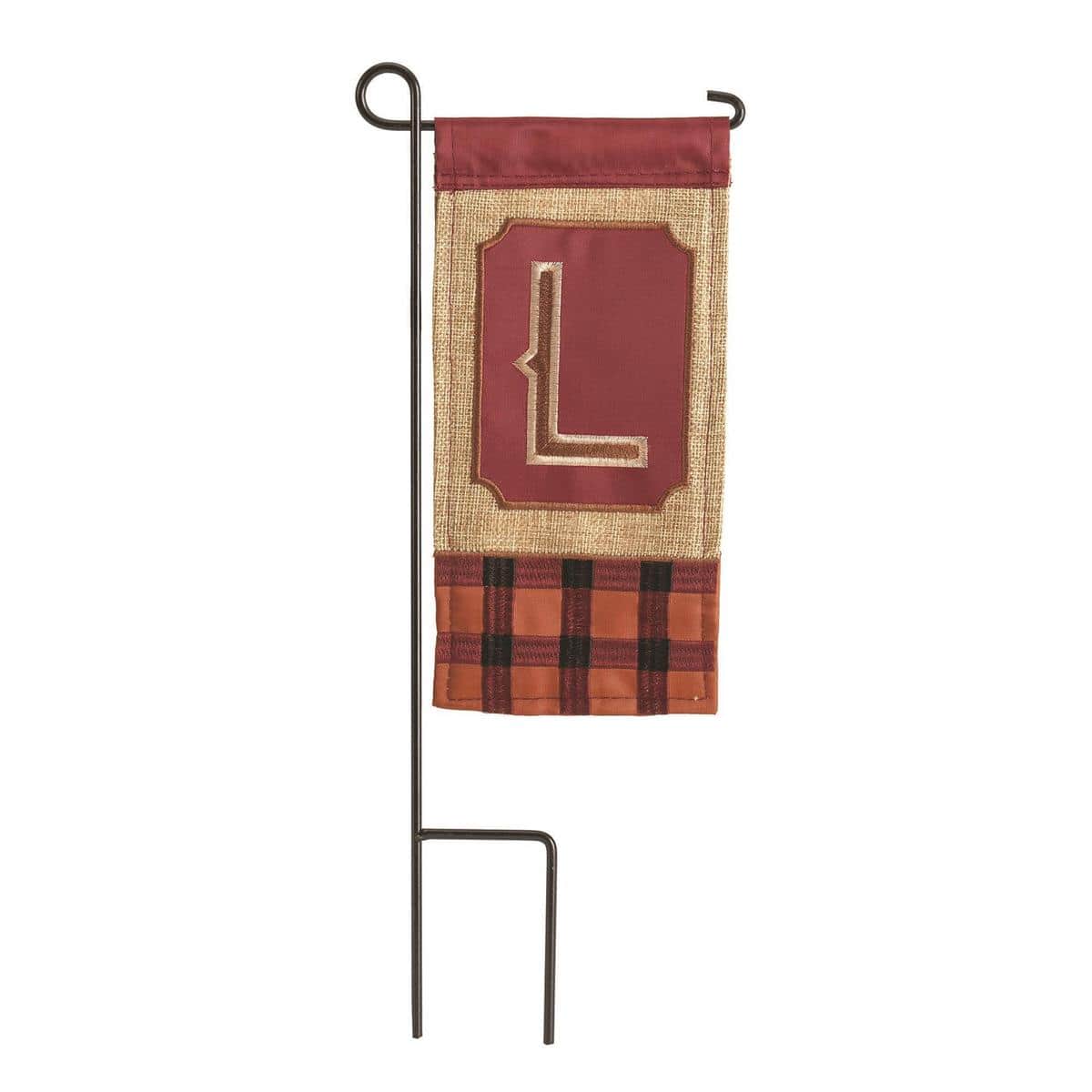 Mini Fall Burlap Monogram L 4x8 flag on rustic burlap with warm harvest tones, compact banner for planters, wreath centers, balconies, or mailbox posts
