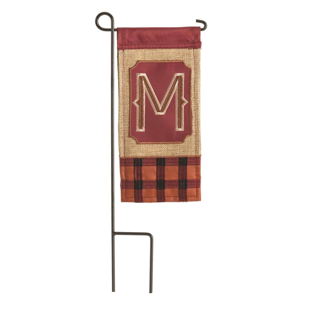 Close-up of Mini Fall Burlap Monogram-M 4x8 inch mini flag showing rustic burlap texture and bold letter M, ideal for autumn porch decor in planters and window boxes