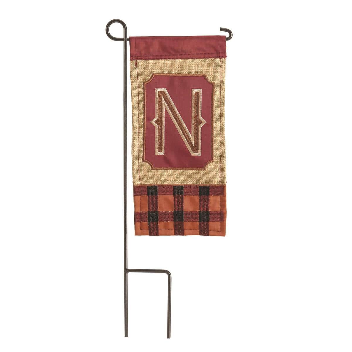 Small 4x8 fall burlap monogram flag with letter N, rustic orange and brown harvest design for pots, planters, and small seasonal displays.