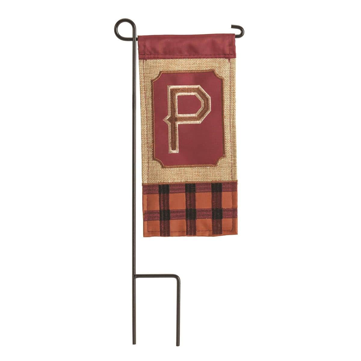 Mini Fall Burlap Monogram-P 4 x 8.5 burlap mini garden flag with letter P in autumn colors, styled outdoors with rustic fall decor