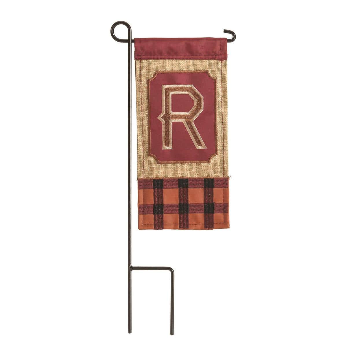 Close-up image of the 4x8 Mini Fall Burlap Monogram-R showing textured burlap fabric and a bold scripted letter R in warm autumn tones suitable for small outdoor or indoor displays.