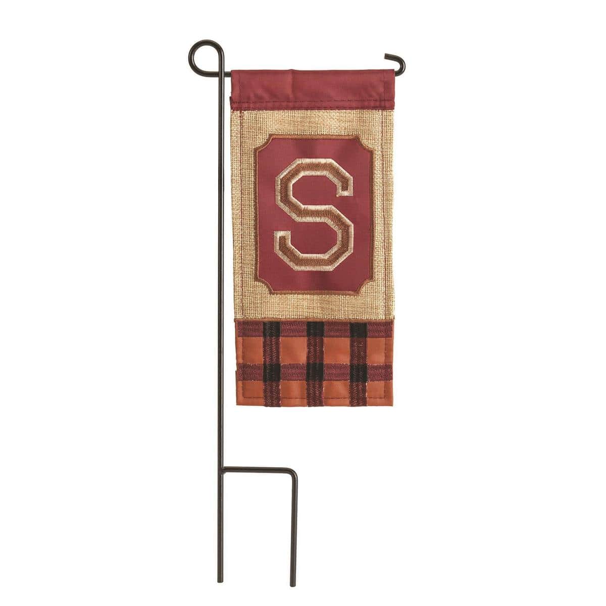 Close-up photo of Mini Fall Burlap Monogram-S 4x8.5 mini flag showing textured burlap fabric, stitched top sleeve, bold letter S monogram, and warm autumn color accents for porch or planter display.
