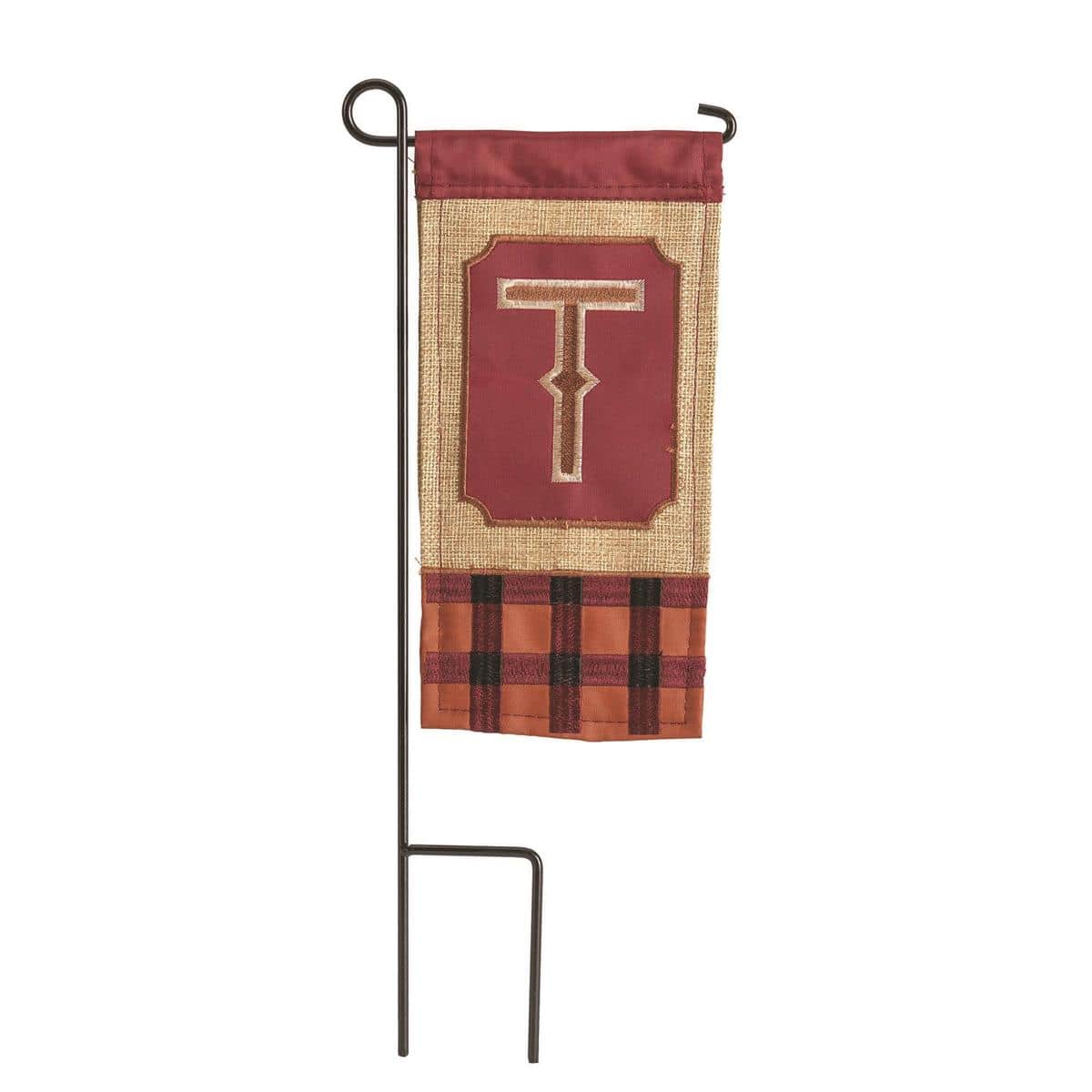 Rustic 4 x 8 inch mini flag with burlap texture and centered letter T monogram, styled for fall displays on a small garden stand, planter, or indoor vignette.