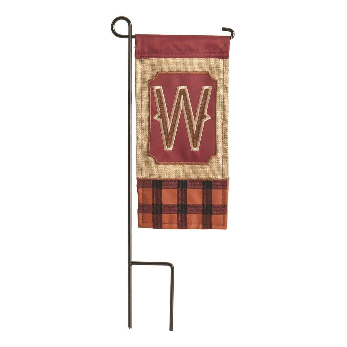4x8 mini burlap flag showing centered white monogram W with orange and brown leaves and acorns on rustic woven background, small garden or planter flag.