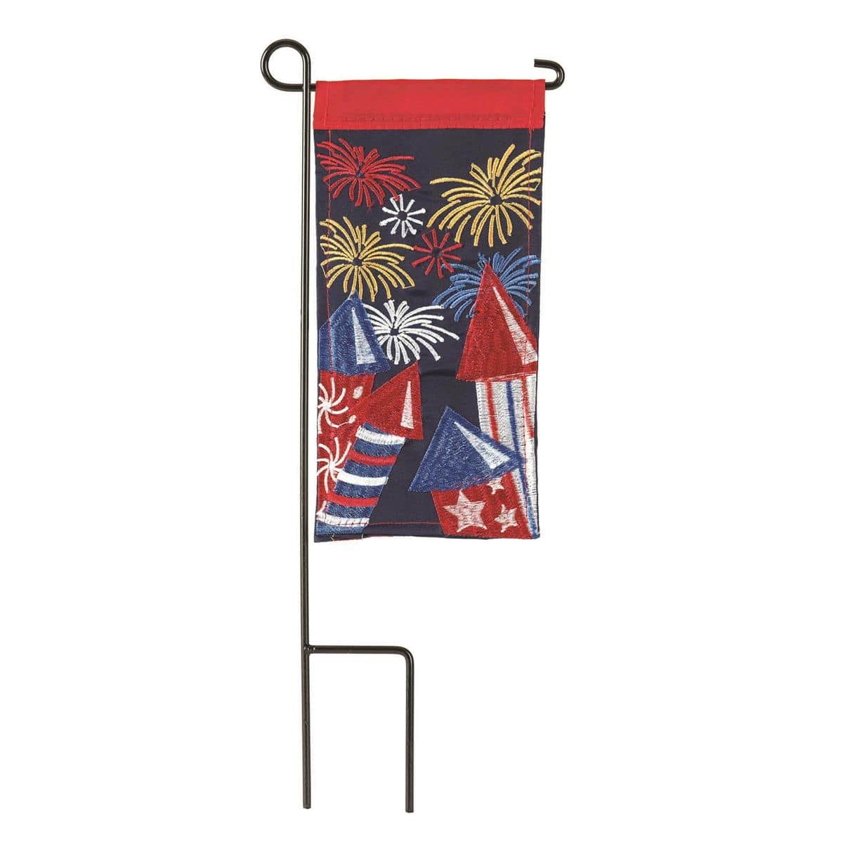 Small 4x8 Mini Fireworks flag with red, white, and blue bursts, ideal for July 4th patriotic decor on tiered trays, wreaths, desks, or mini garden stakes