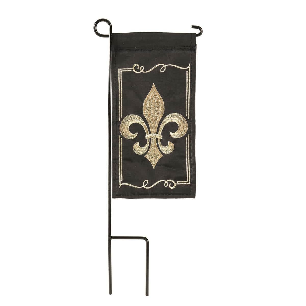 Rustic burlap mini flag with a dark fleur de lis emblem centered on a natural woven background, sized 4 x 8 inches for planter poles, tabletop mounts, or small porch displays.