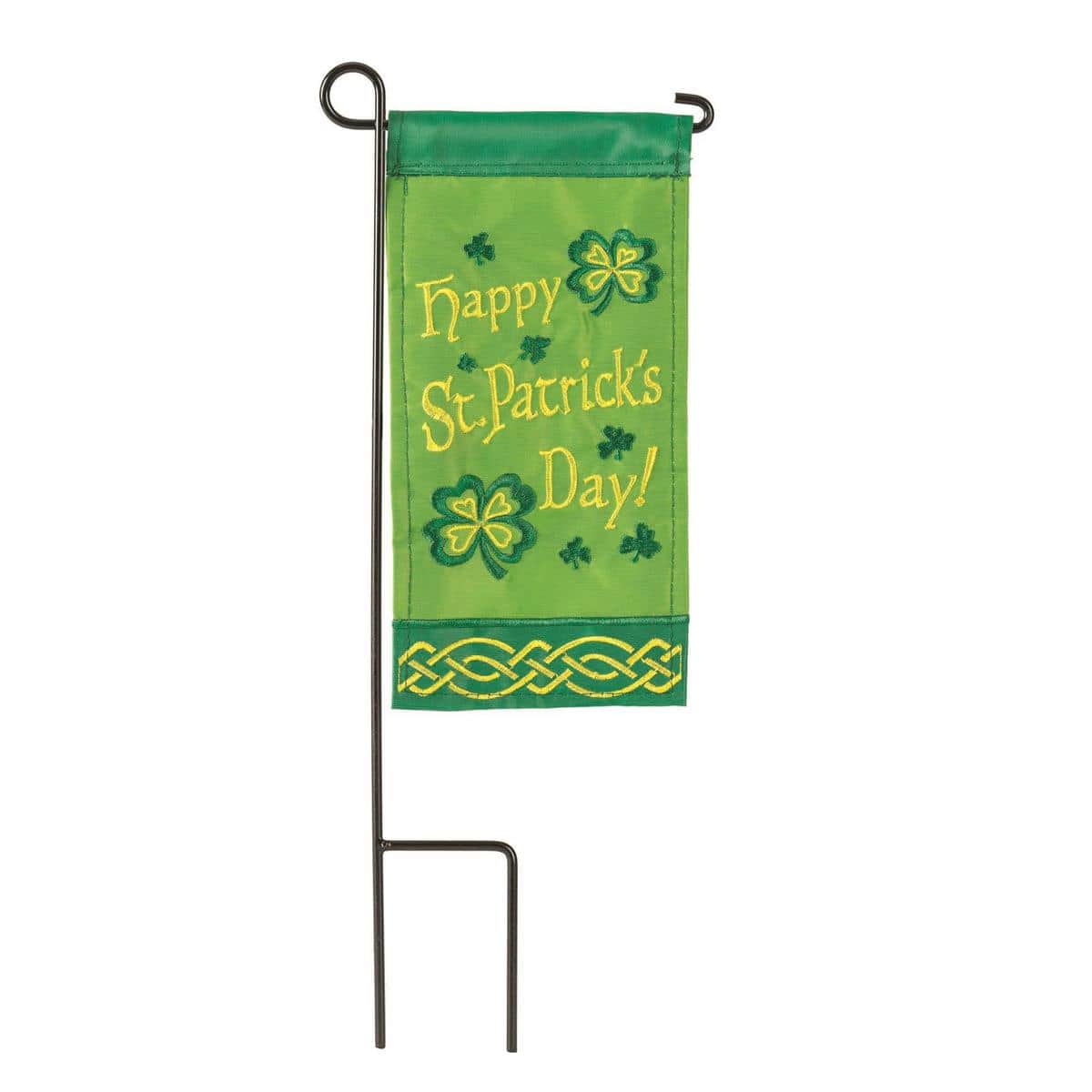 Green mini St Patricks Day flag with shamrocks and "Happy St Patricks Day" text on a small 4 by 8.5 inch flag mounted on a short mini pole for tabletop or planter display.