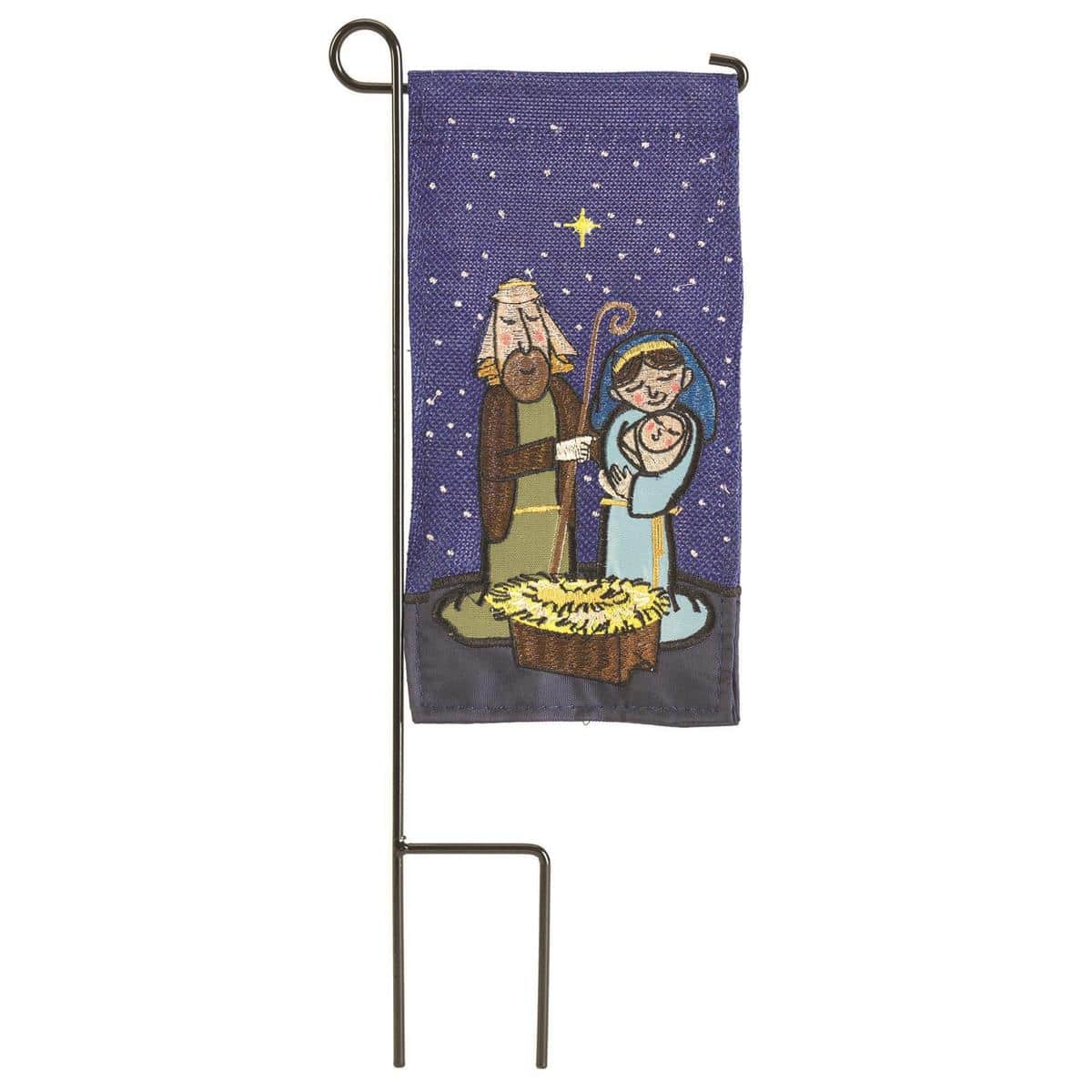 Mini Holy Family 4x8 inch nativity mini flag featuring Mary, Joseph, and the Christ child in a classic manger scene printed on durable fabric for small displays and seasonal decor.