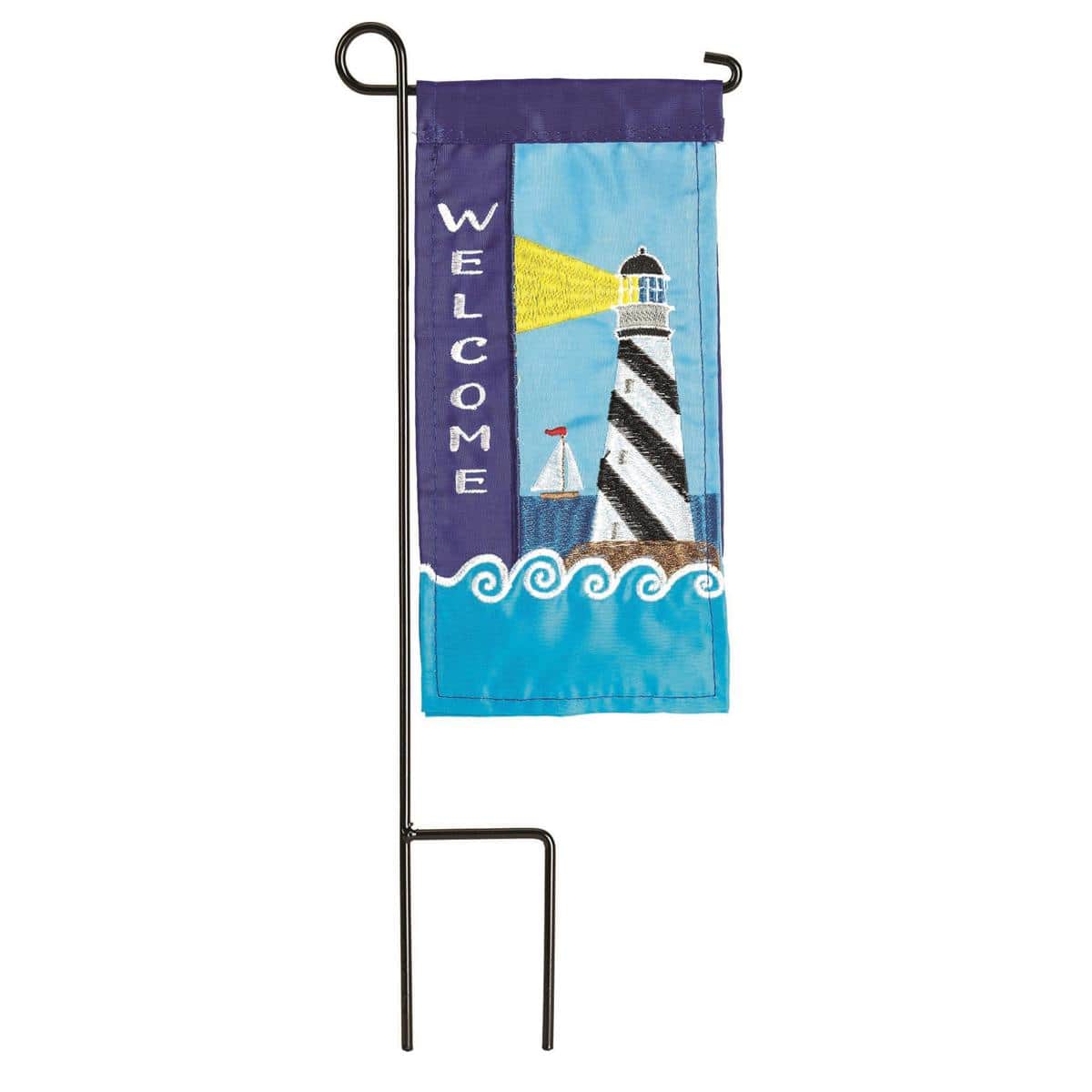 4x8 Mini Lighthouse Welcome nautical flag on stand with red-white beacon and blue wave accents