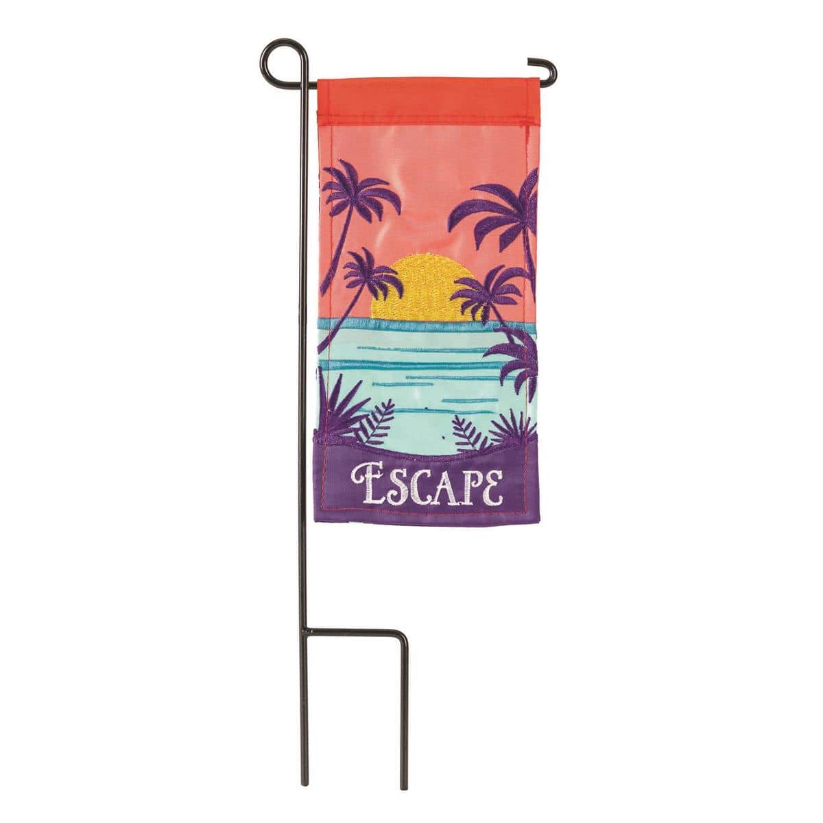 Small 4x8 inch rectangular mini flag showing a green palm tree silhouette over a sandy beach tone background, designed for mini flag poles, planters, tabletops, or poolside accents.