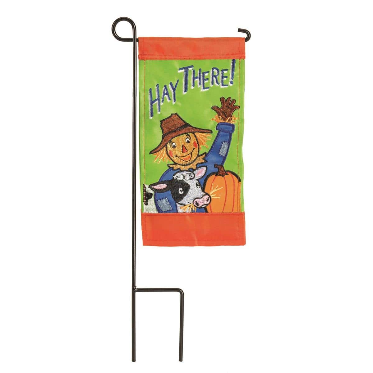 Autumn Mini Scarecrow 4x8 decorative mini flag featuring a smiling scarecrow and harvest accents, sized for stands, tiered trays, planters, and desktops.