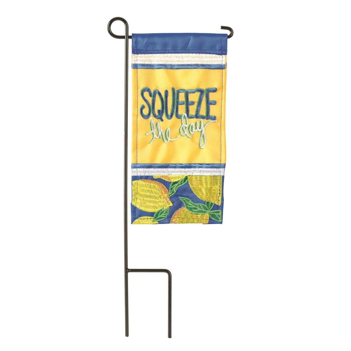 Yellow lemon graphic and 'Squeeze The Day' text on a small 4 by 8 inch garden-style mini flag displayed in a planter, ideal for porch or tabletop decoration.