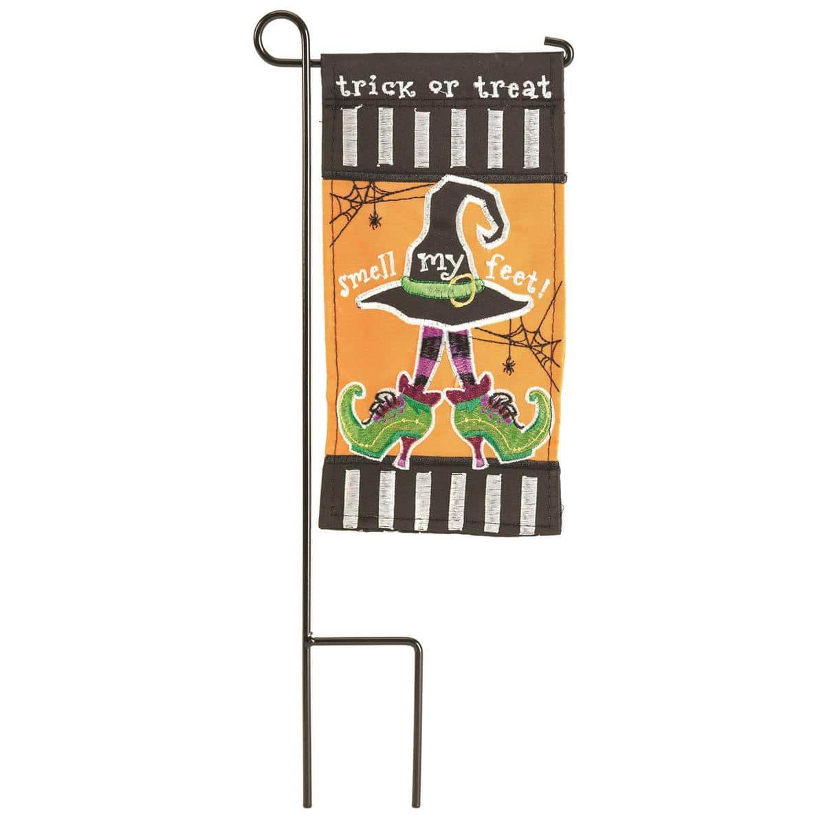 Close-up of a 4x8 Mini Witch Hat Halloween garden flag in HallowWitch style showing a bold black witch hat, orange accents, stars, and decorative trim ideal for porch or planter display.