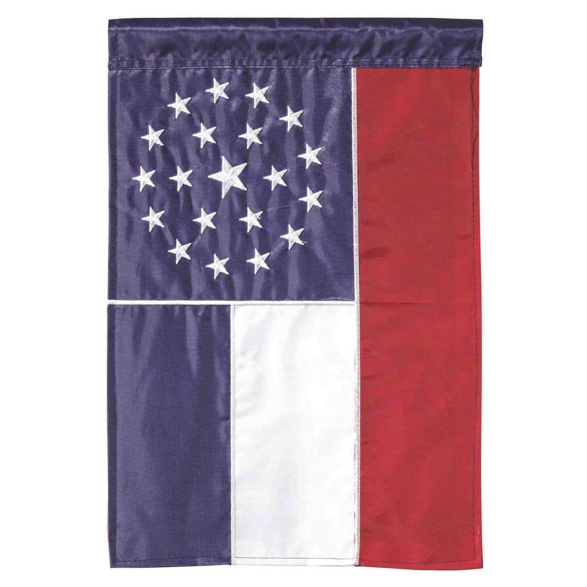 Red Mississippi 20 Stars 13x18 double applique garden flag displayed on a short yard pole showing bold red field, ring of twenty stars, and close up of fabric texture and stitching.