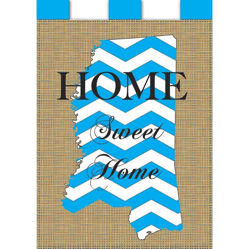Mississippi state blue chevron 13x18 garden flag in burlap texture with layered double applique detail shown on a small black garden pole in front of a classic wooden porch and potted greenery.