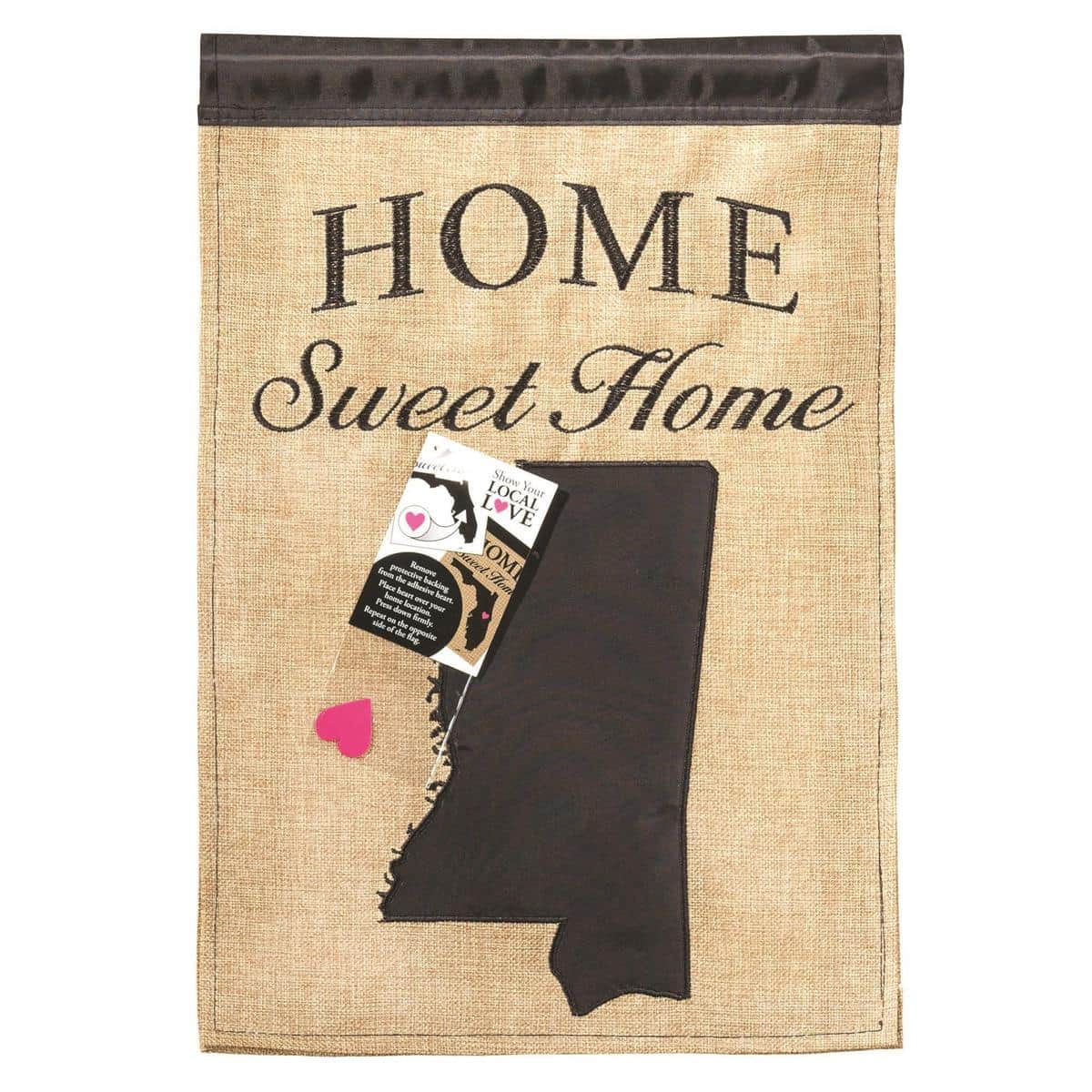 13x18 Mississippi burlap garden flag with double applique Mississippi emblem and rustic burlap-texture finish suitable for standard garden flag stands.
