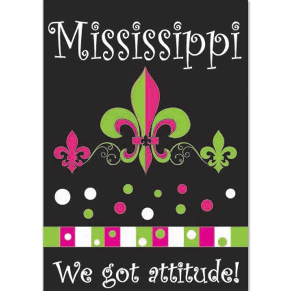 13x18 Mississippi Fleur-De-Lis garden flag double applique hanging on a black metal garden pole in a front yard planter showing blue and gold fleur motif.