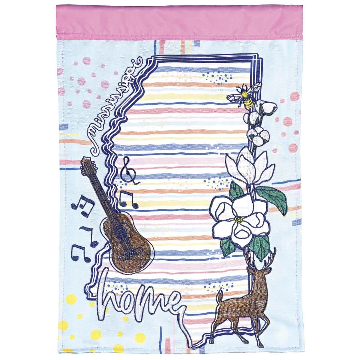 Mississippi Icons 13x18 double-applique garden flag featuring magnolia, riverboat, lighthouse, guitar, and state outline, displayed on a metal yard stand.