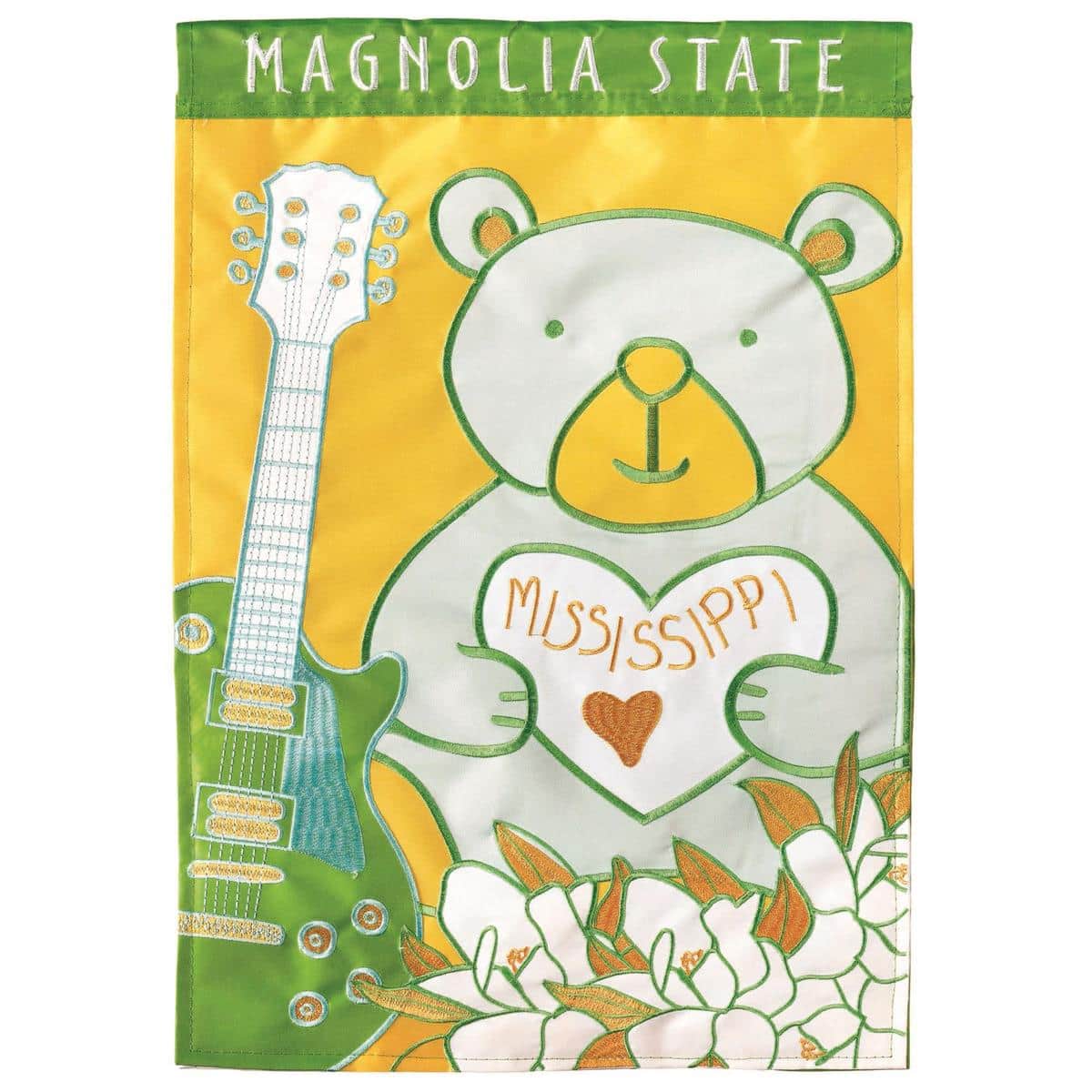 Double applique Mississippi Magnolia garden flag, 13 x 18 inches, creamy white magnolia bloom with deep green leaves, two sided, outdoor yard decor.