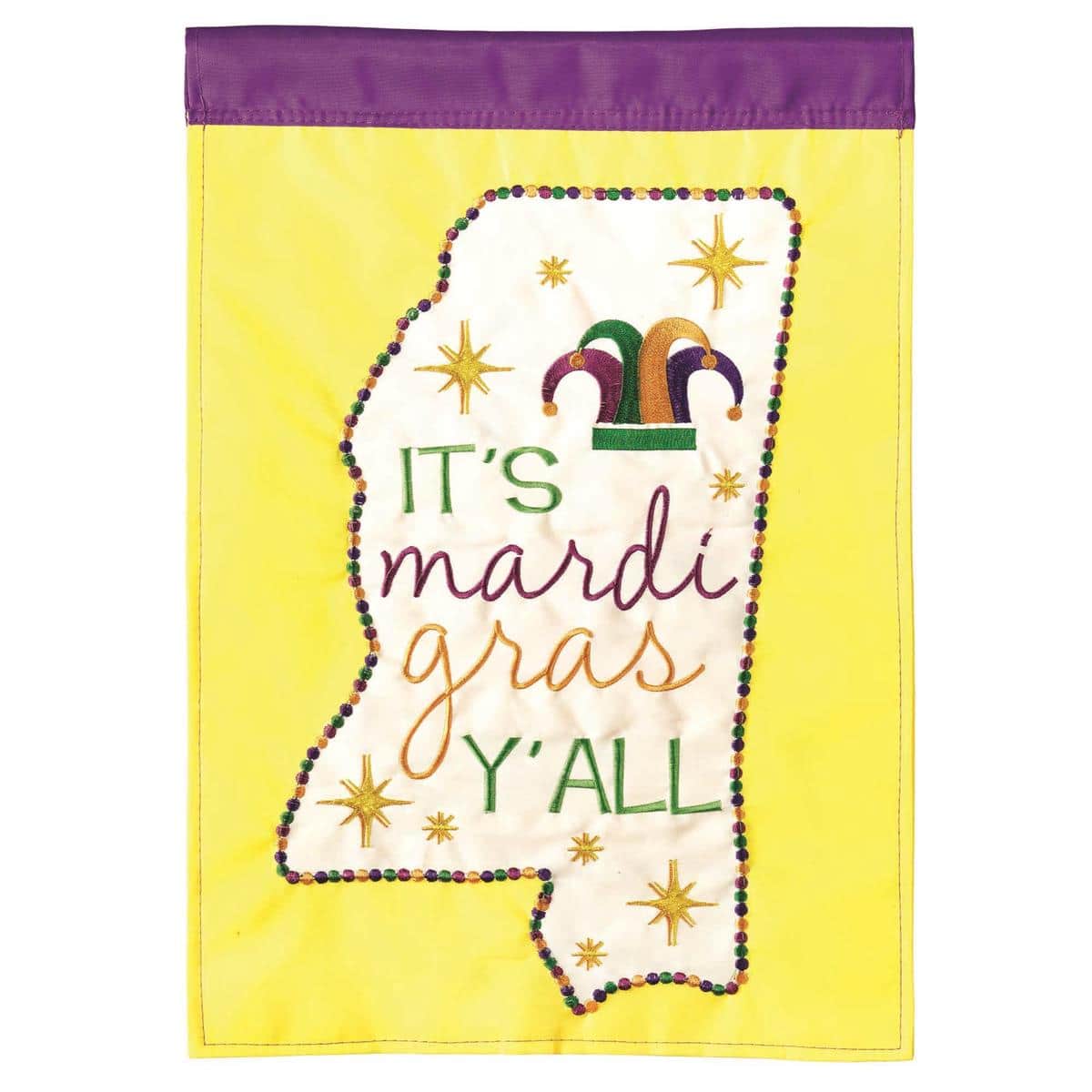 13x18 Mississippi Mardi Gras garden flag double applique with purple green and gold fleur-de-lis and decorative beads, shown on a standard garden flag pole for outdoor display
