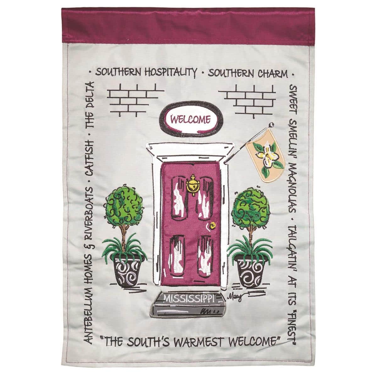 Mississippi Purple 13x18 garden flag double applique hung on a front porch pole showing a state style motif in rich purple tones.