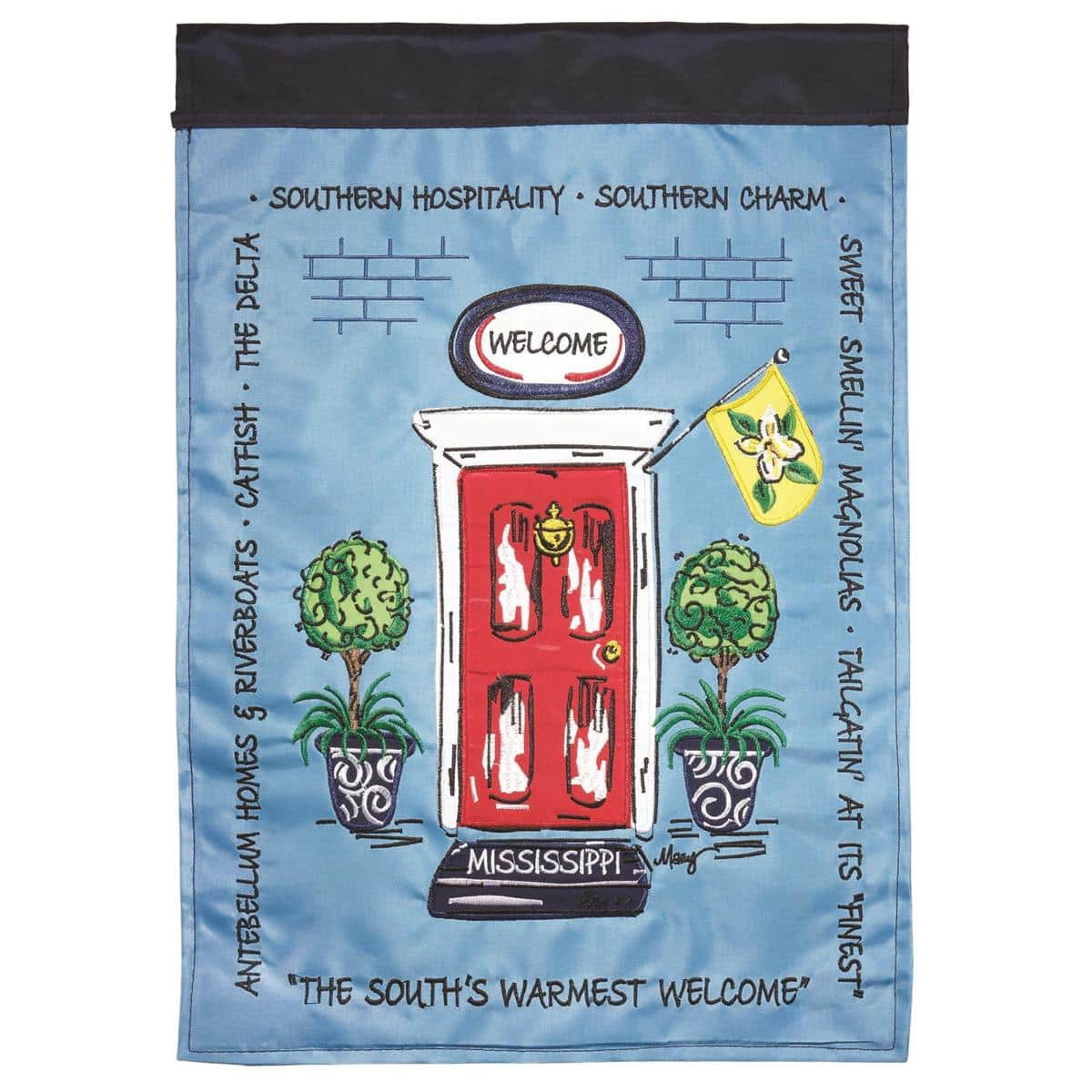 Main product image alt text: Mississippi Red 13x18 garden flag displayed on a front door pole showing bold red field and layered applique state emblem with reinforced sleeve.