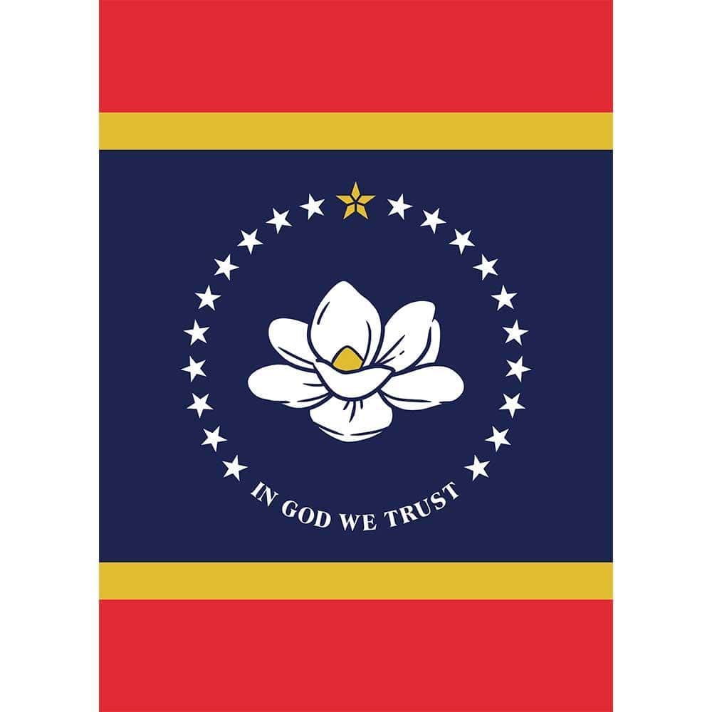 29x42 Mississippi state double applique house banner flag on a porch, two-sided regional design, heavy fabric, bright colors, ready for outdoor display