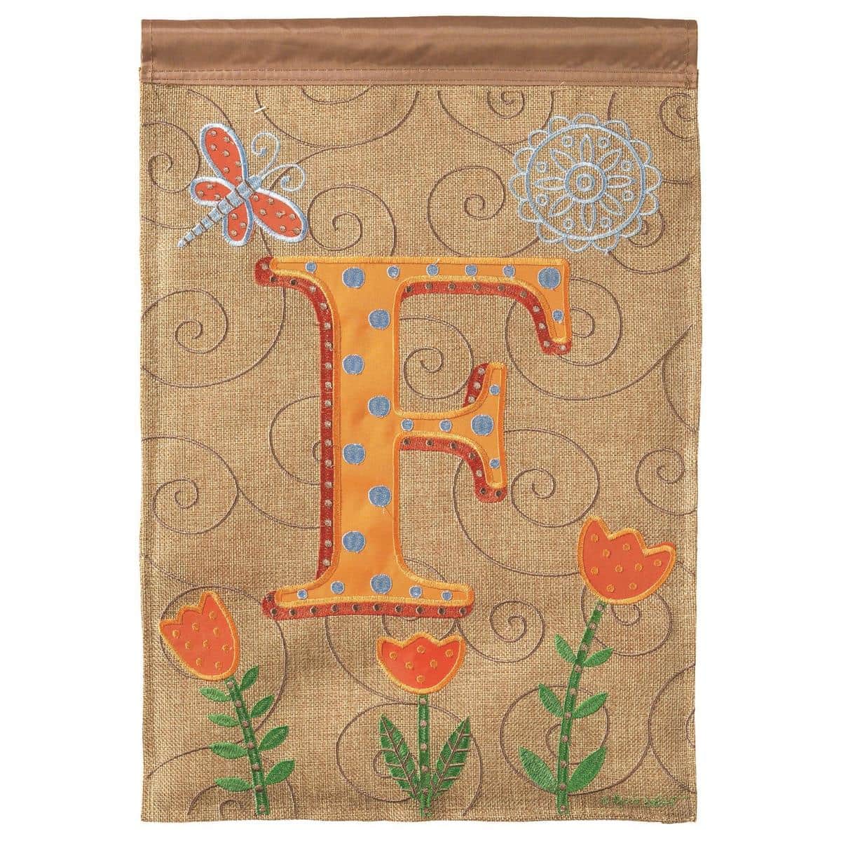 13x18 double applique garden flag featuring the letter F monogram, stitched layers, reinforced edges, and a top-sleeve channel for easy mounting on standard garden stands