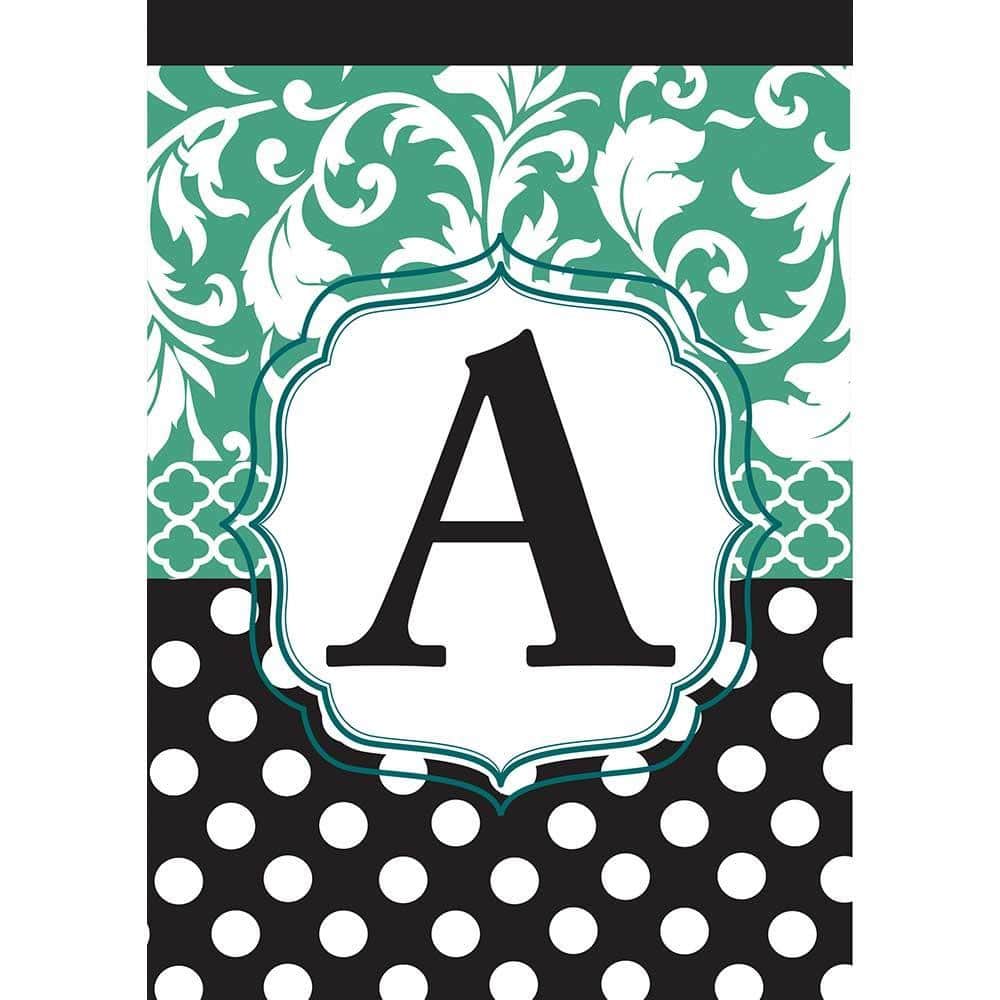 Monogram A black and aqua double applique 13x18 garden flag on a stand, two-sided initial, outdoor personalized yard decor with bold contrast and refined texture.