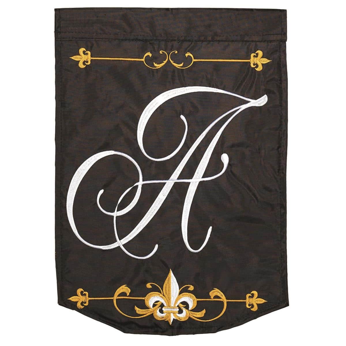Monogram A black 13x18 garden flag on a stand, bold letter A centered on deep black field for personalized outdoor decor at entry, porch, or pathway
