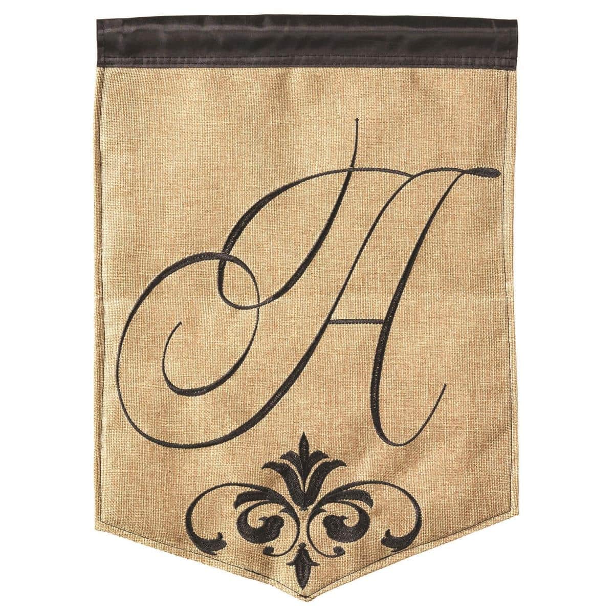 Monogram letter A burlap-look 13x18 garden flag with raised double applique and stitched edges displayed on a metal garden stand.
