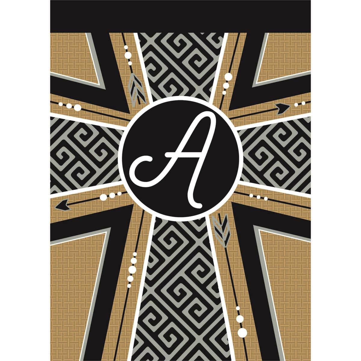 Rustic burlap garden flag with double applique cross and monogram letter A, 13 by 18 inches, designed for porch or yard display on standard garden flag pole.