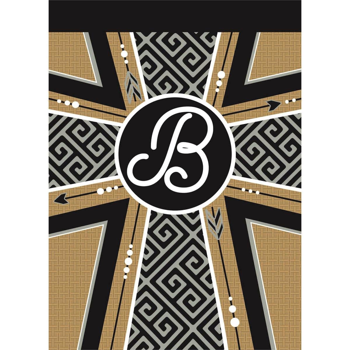 Rustic burlap 13x18 garden flag with bold letter B and a cross, double applique and two-sided readability, styled on a standard stand beside a front walkway.