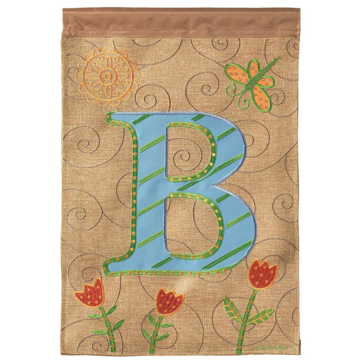 13x18 double applique Monogram B garden flag with bold stitched letter and reinforced top sleeve, displayed on a porch in bright outdoor light