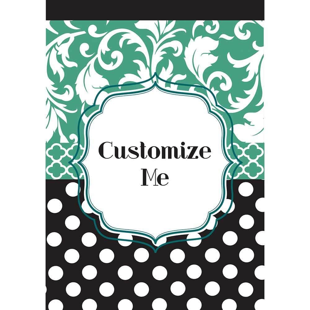 Black and aqua double-applique 13x18 garden flag with blank center frame for personalized monogram, 2-ply fabric, and a top sleeve for a standard garden stand