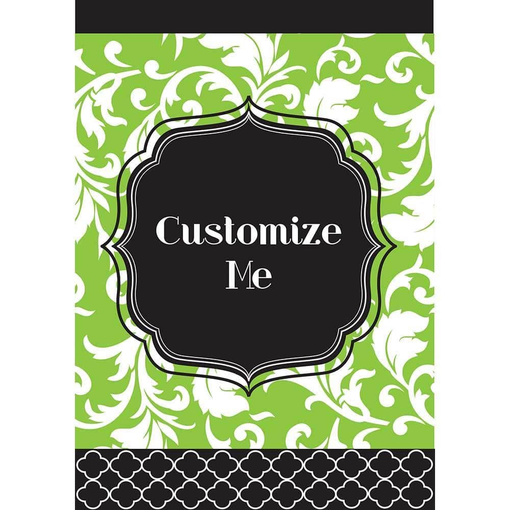 Green and black 13x18 garden flag with blank center for monogram, double applique construction, two-sided readability, shown on a standard flag stand