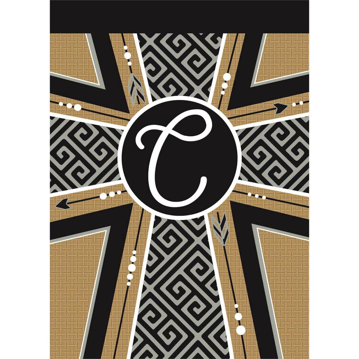 13x18 burlap garden flag featuring a stitched monogram C and integrated cross motif in double applique construction, designed for porch, walkway, and small garden displays.