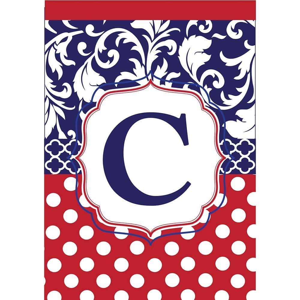 Red white and blue monogram C double applique 13x18 garden flag on a yard stand, two sided design with stitched applique and a reinforced top sleeve