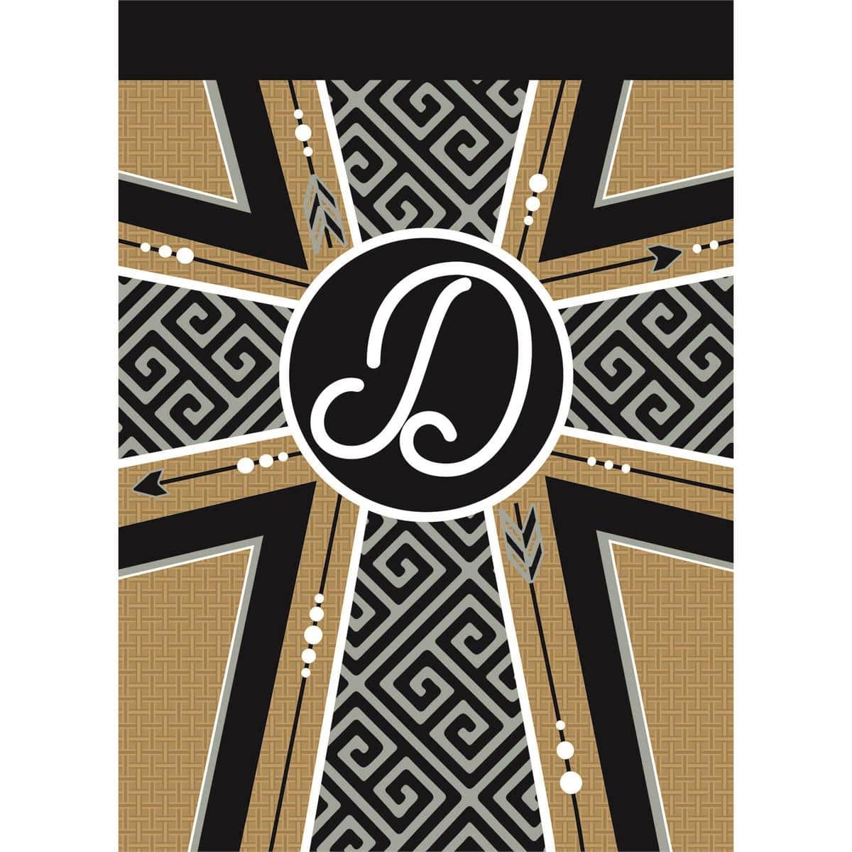 Rustic burlap garden flag featuring a raised double applique letter D and a centered cross, photographed on a 13x18 flag stand to display texture, stitching, and neutral farmhouse styling