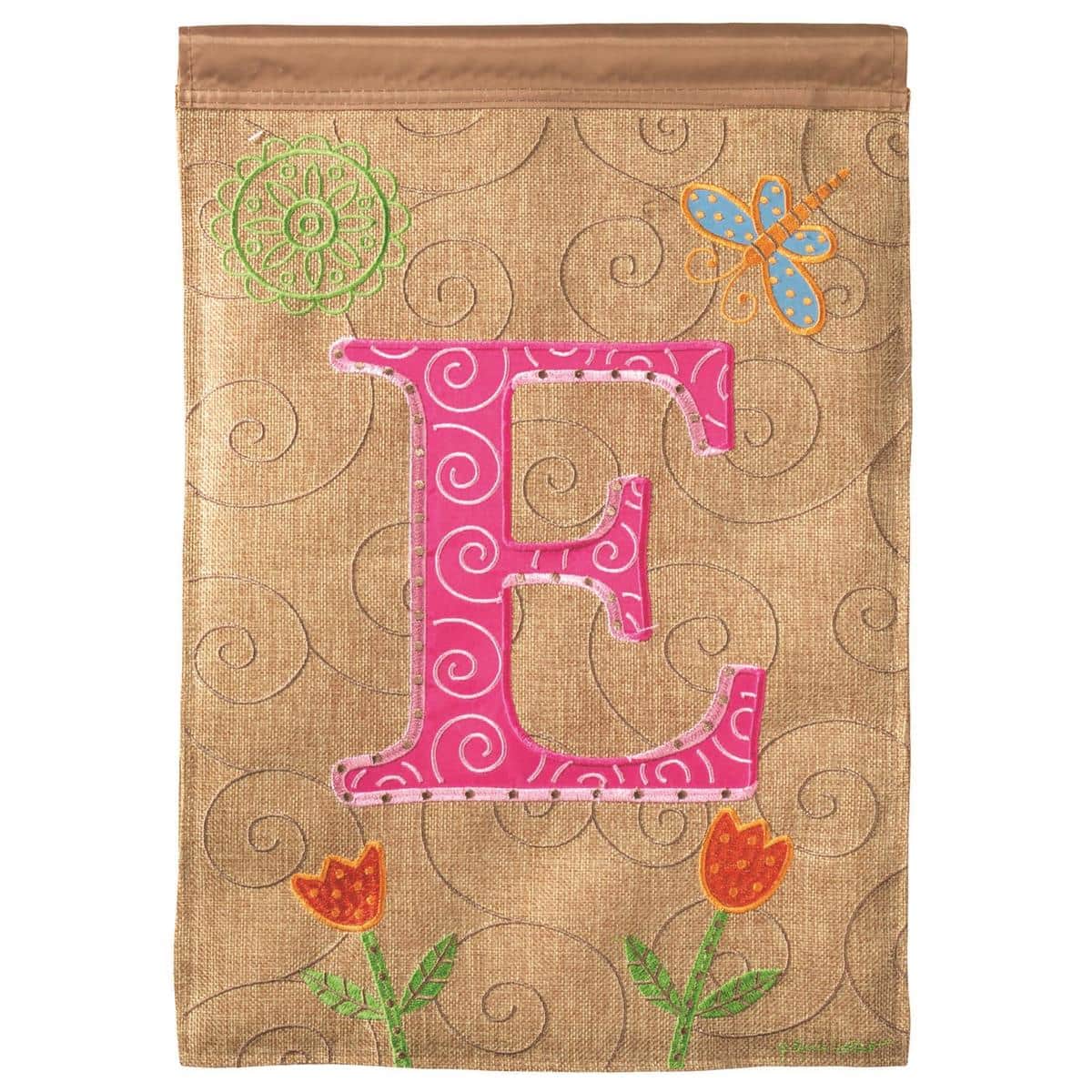 Image of Monogram-E 13x18 double applique garden flag showing a stitched letter E mounted on a 13 by 18 inch base with layered fabric textures and a sewn-in sleeve for standard garden flag poles.