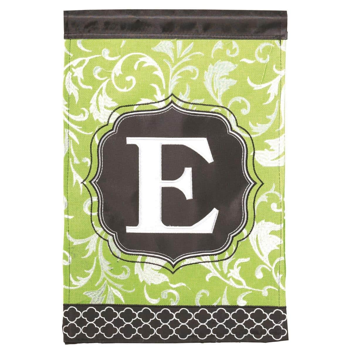 Green and black monogram E garden flag 13x18 double applique on a pole for front yard or porch display personalized initial