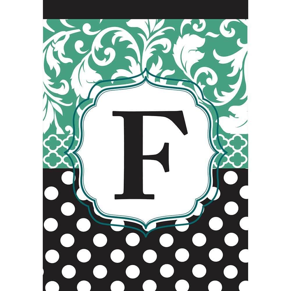 Black and aqua Monogram-F double-applique garden flag 13x18 displayed on a metal garden pole, featuring layered fabric monogram and reinforced stitched pole sleeve for outdoor use.