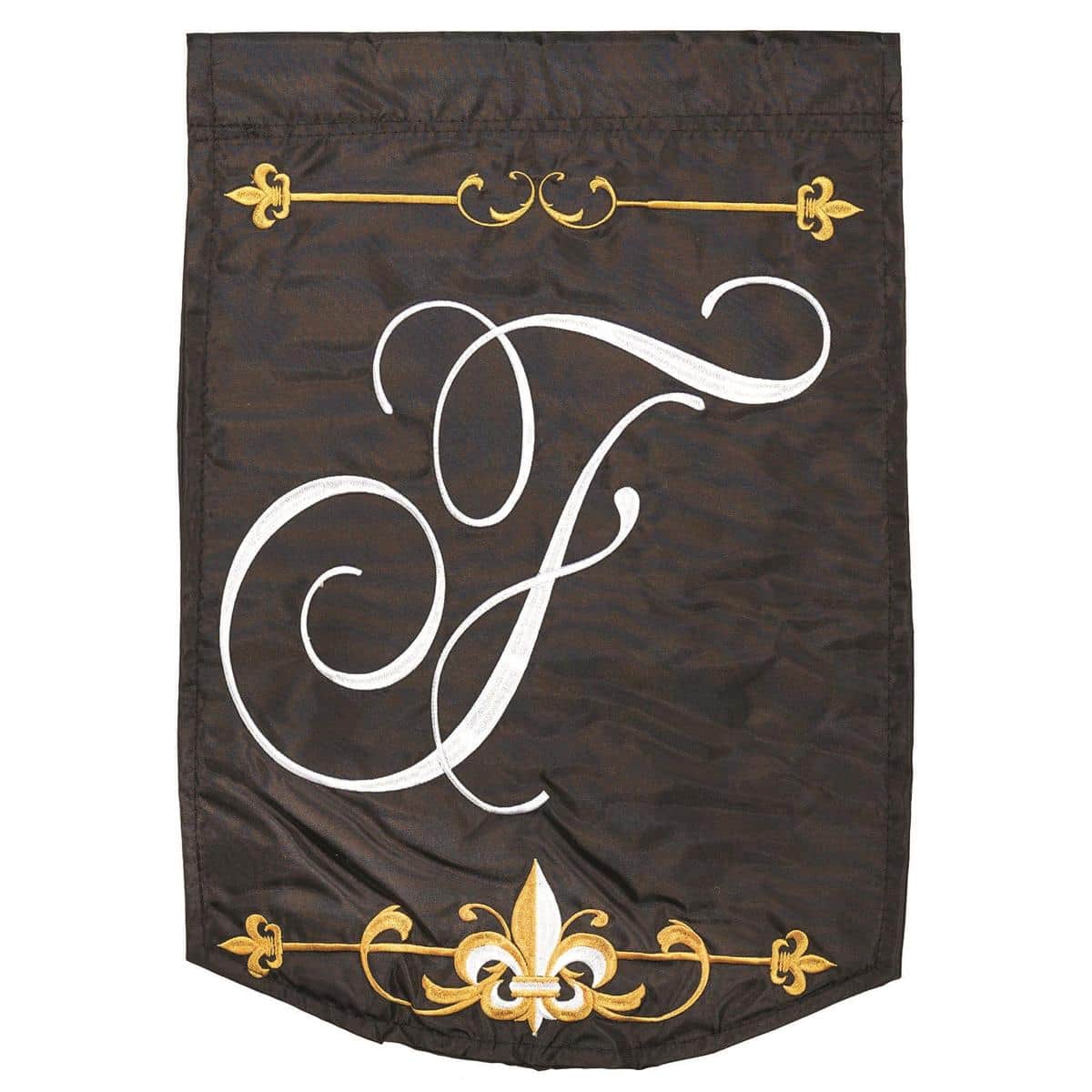Straight-on image of Monogram-F Black 13x18 garden flag on a small decorative pole, centered white F monogram on deep black background with visible sleeve and stitched edges.