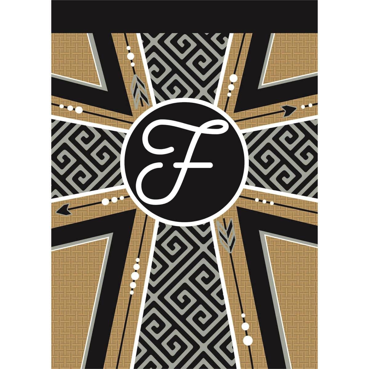 Natural burlap garden flag with stitched cross and bold letter F, double applique layers, 13x18 size, hanging on a garden stand by a front walkway.