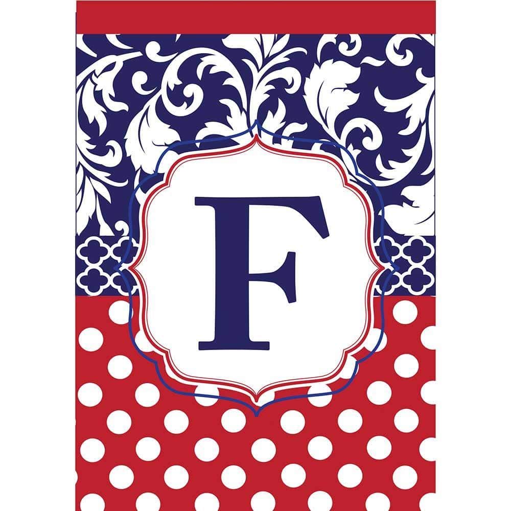 13x18 Monogram F garden flag in red, white and blue with double applique, stitched edges and a reinforced pole sleeve for garden stake display.