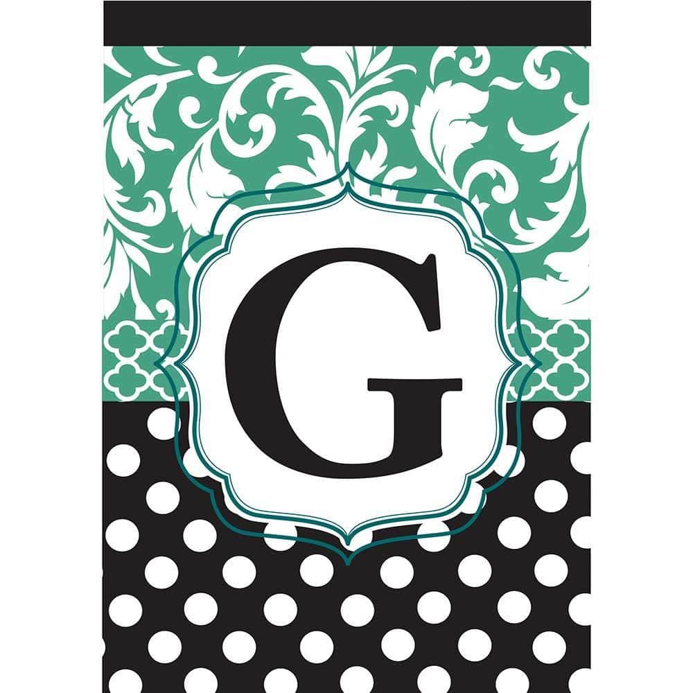 Monogram G garden flag in black and aqua, 13x18 double applique initial on a small outdoor flag, shown mounted on a standard garden flag pole
