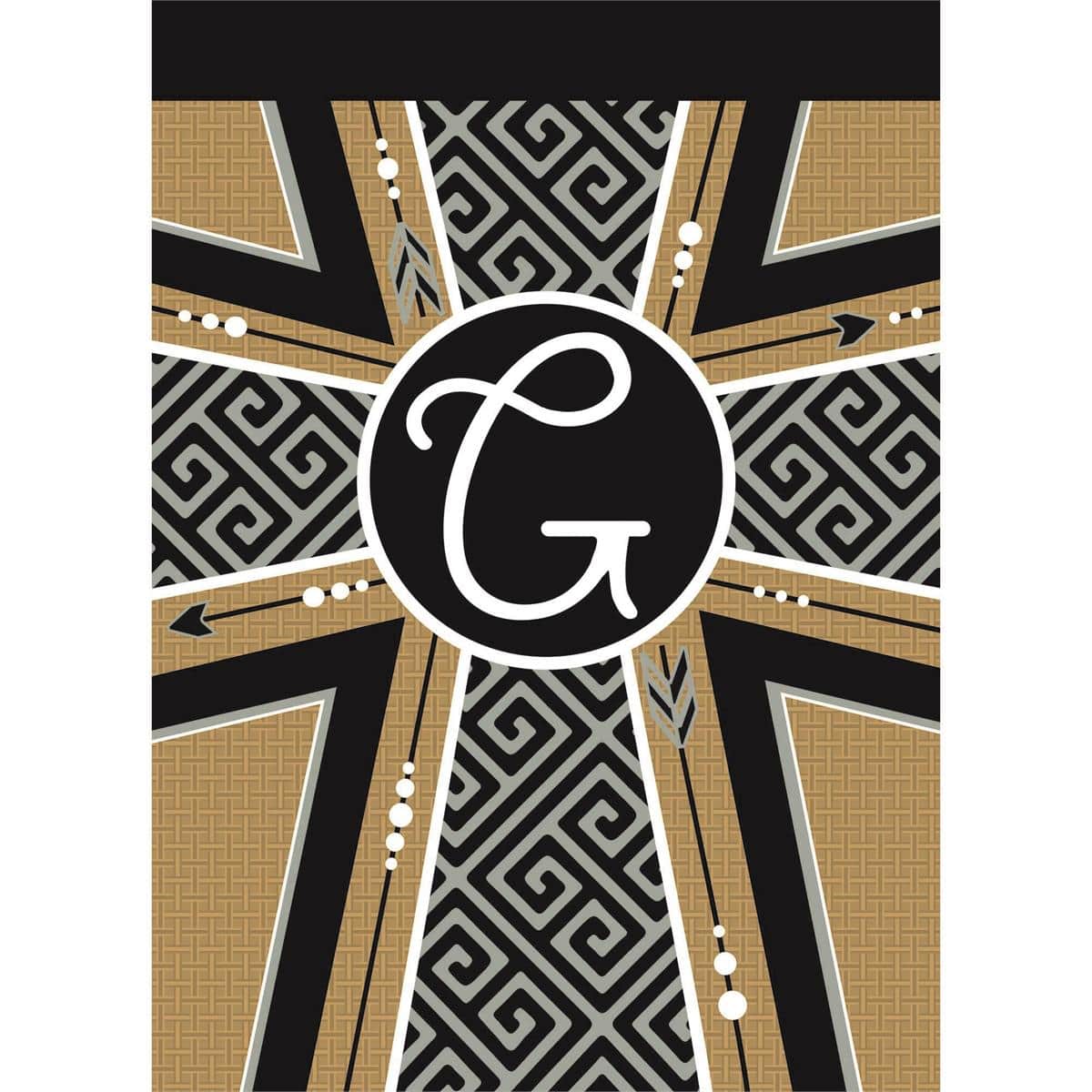 13x18 burlap garden flag with monogram letter G and cross, double applique, two-sided readability, natural texture, reinforced sleeve, shown on a standard stake