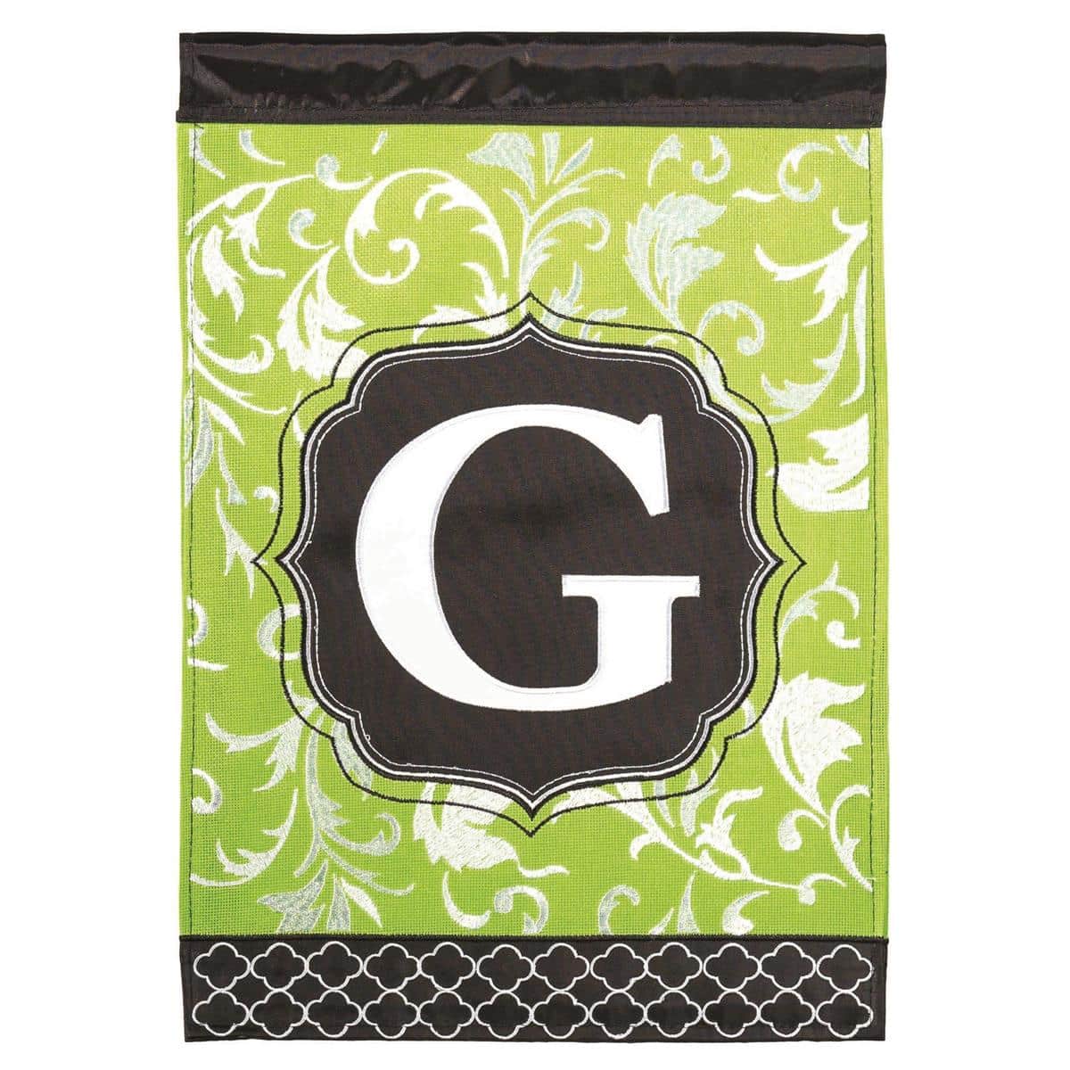 13x18 Monogram-G green and black garden flag with double applique monogram, reinforced sleeve for pole display, textured layered fabric for outdoor use.