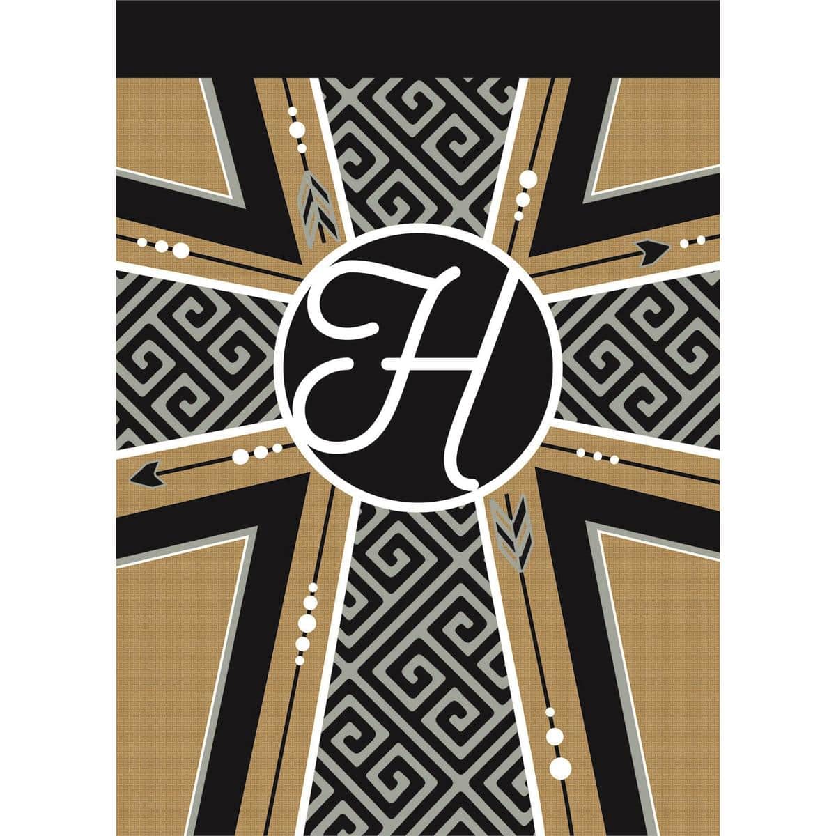 13x18 Monogram H cross double applique burlap garden flag on a black metal stand, rustic tan burlap with stitched letter H and cross, outside front walkway